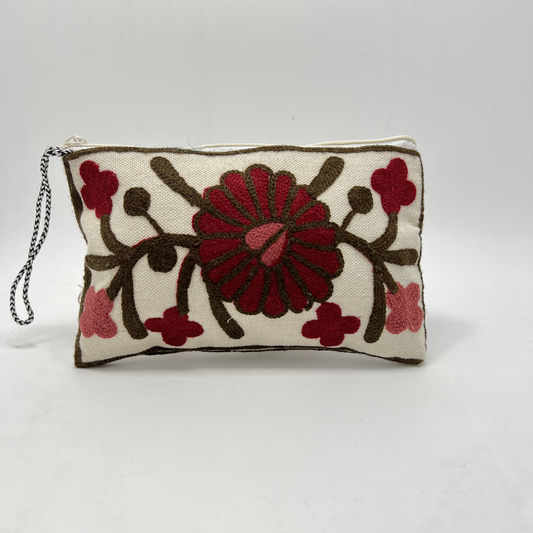 Kashmiri Hand Embroidered Zip Pouch White & Pink-Brown-Red