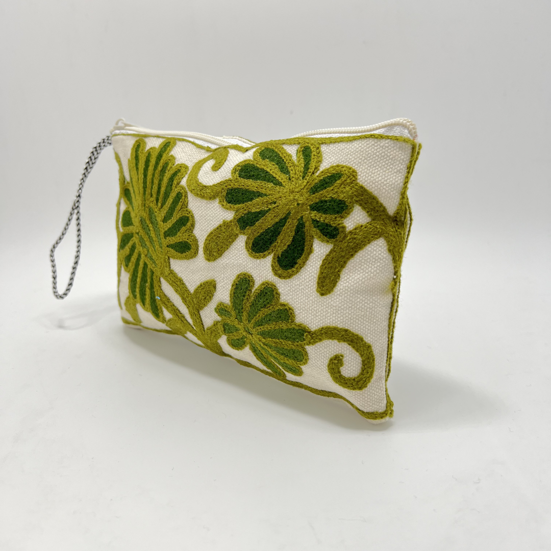 Kashmiri Hand Embroidered Zip Pouch White & Dark Green-Parrot Green