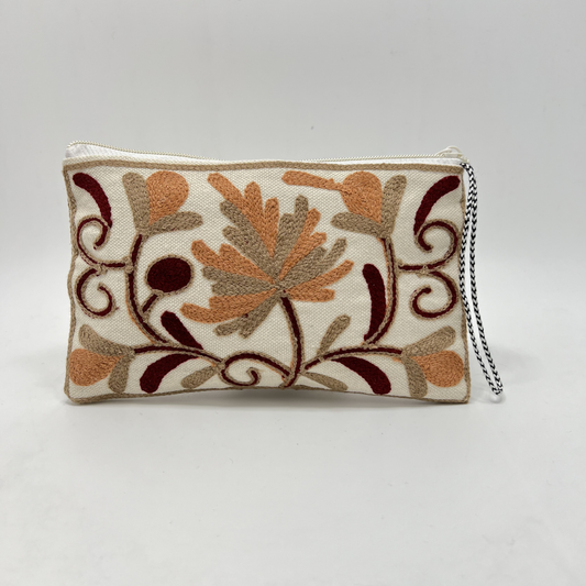 Kashmiri Hand Embroidered Zip Pouch White & Gray-Maroon