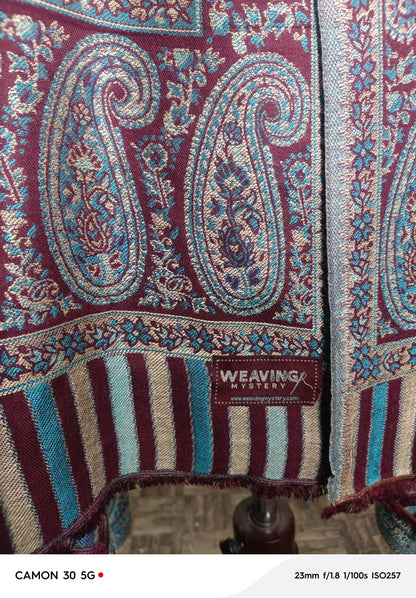 Handwoven Sky Maroon Kani Shawl – Premium Kashmiri Wool Wrap
