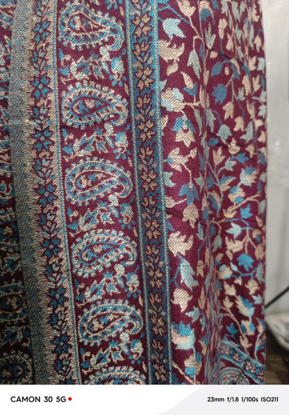 Handwoven Sky Maroon Kani Shawl – Premium Kashmiri Wool Wrap