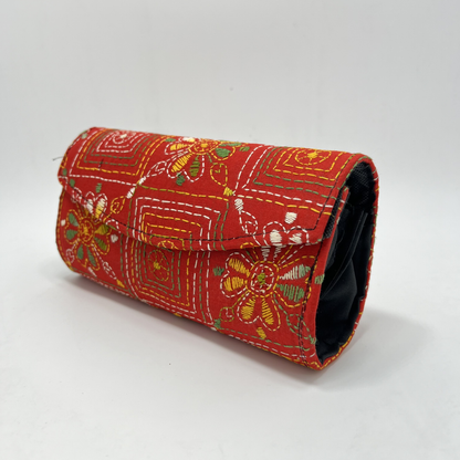 Exclusive Kantha Stich Hand Embroidered Red Clutch Bag from Kolkata