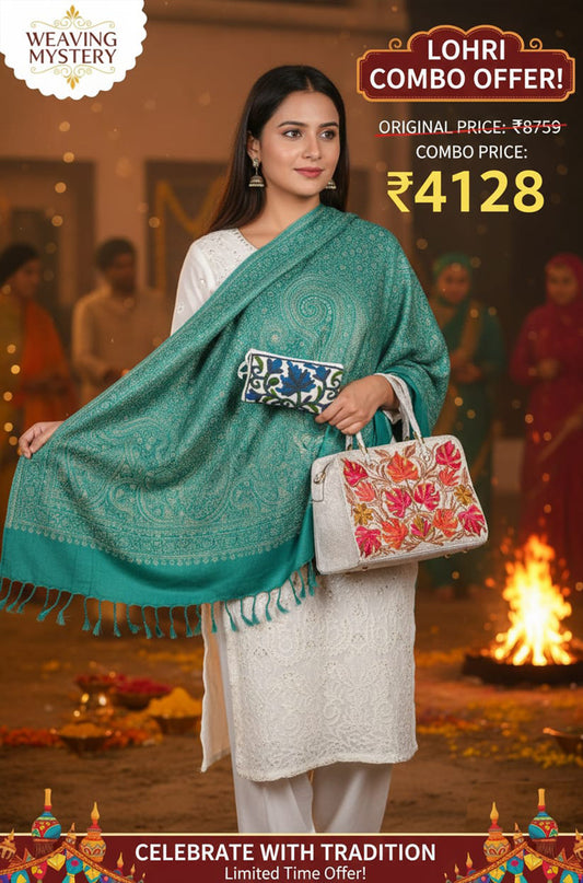 Teal Green Zari Shawl & TRL Bag with Pouch – Lohri Special Combo Offer