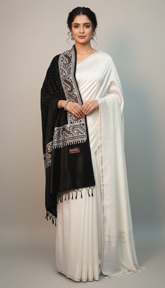 Black Velvet Stole – Handcrafted Silk Thread Embroidery with Swarovski Accents