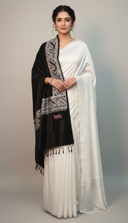 Black Velvet Stole – Handcrafted Silk Thread Embroidery with Swarovski Accents