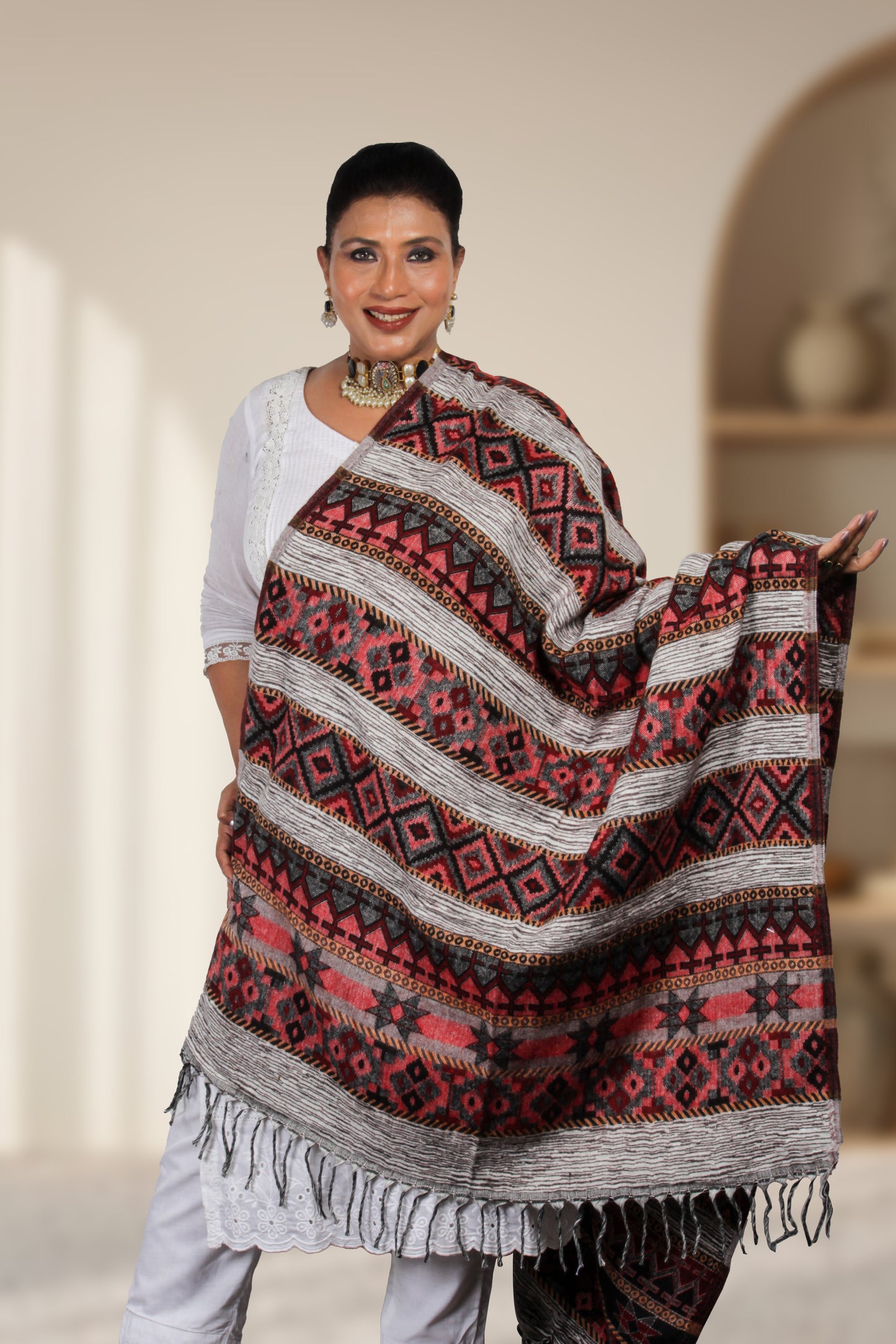 Tibetan Shawl: Graceful Kashmiri Hand-Embroidered Design