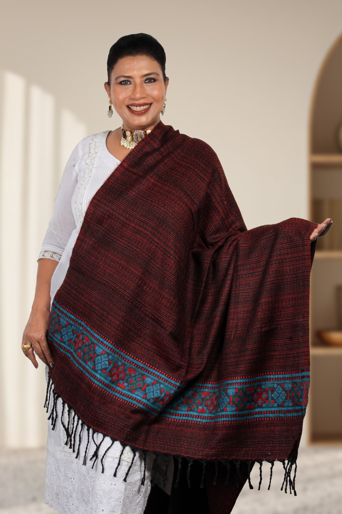 Tibetan Shawl – Fine Handwoven Tibetan Shawl with Intricate Hand-Embroidered Designs, Classic and Beautiful