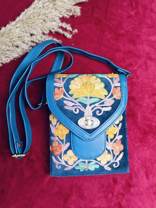 Hand Embroidered Chirpy Bloom Mobile cum Wallet Sling