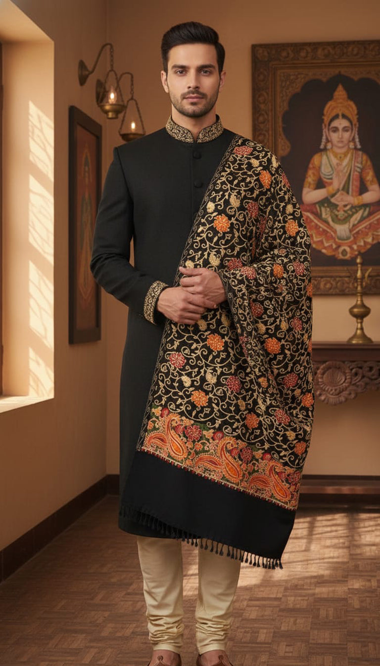 Black Aari Stole – Hand-Embroidered Kashmiri Piece | 1 piece Available