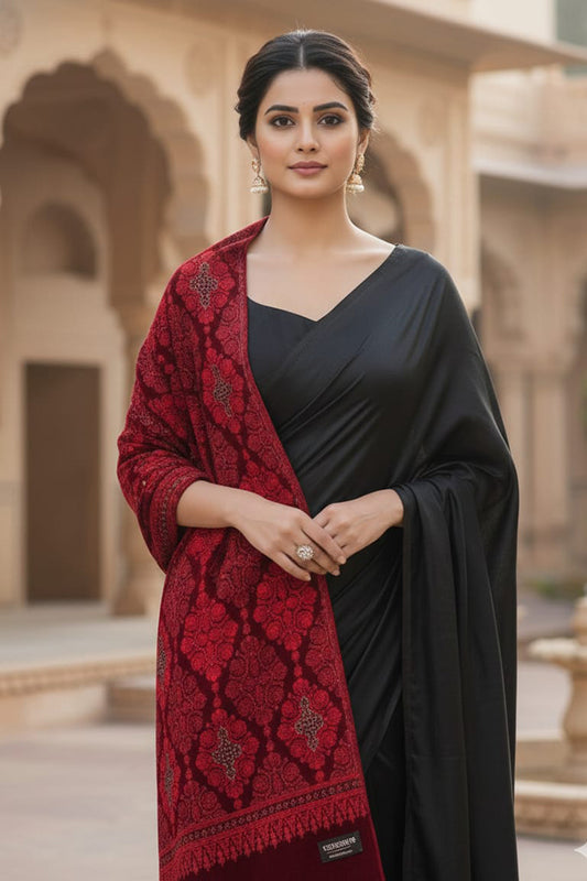 Red Velvet Wedding Stole – Handcrafted Silk Thread Embroidery with Swarovski Accents