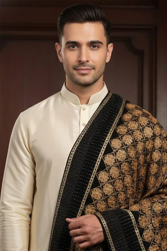 Black Wedding Velvet Stole – Handcrafted Silk Thread Embroidery with Swarovski Accents