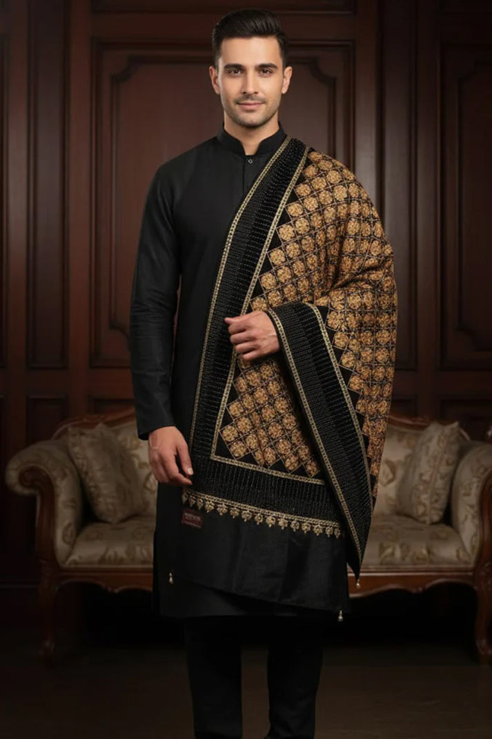 Black Wedding Velvet Stole – Handcrafted Silk Thread Embroidery with Swarovski Accents