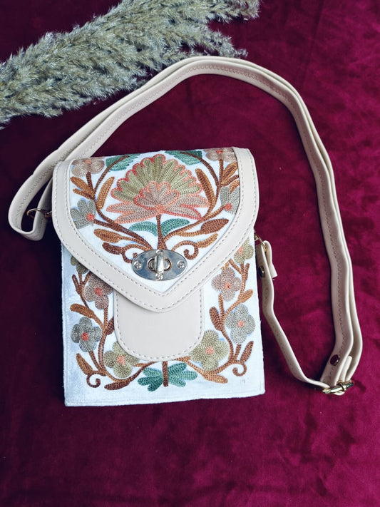 Hand Embroidered Chirpy Bloom Mobile cum Wallet Sling