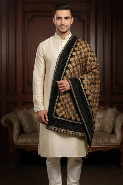 Black Wedding Velvet Stole – Handcrafted Silk Thread Embroidery with Swarovski Accents