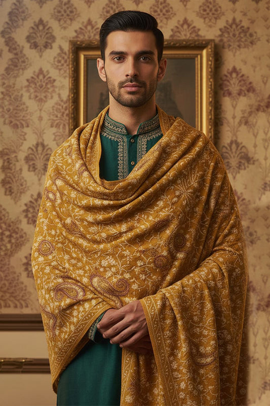 Mustard Wedding Shawl – Elegant Hand-Embroidered Bridal Wrap