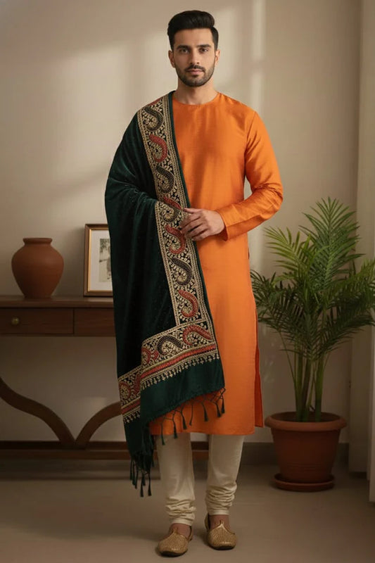 Bottle Green Velvet Stole – Luxurious Hand-Embroidered Silk Thread & Swarovski Work