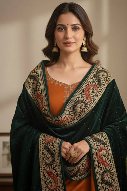 Bottle Green Velvet Stole – Luxurious Hand-Embroidered Silk Thread & Swarovski Work
