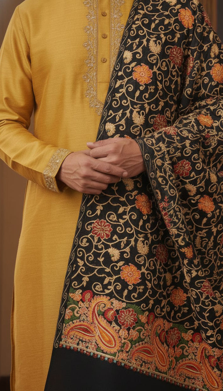 Black Aari Stole – Hand-Embroidered Kashmiri Piece | 1 piece Available
