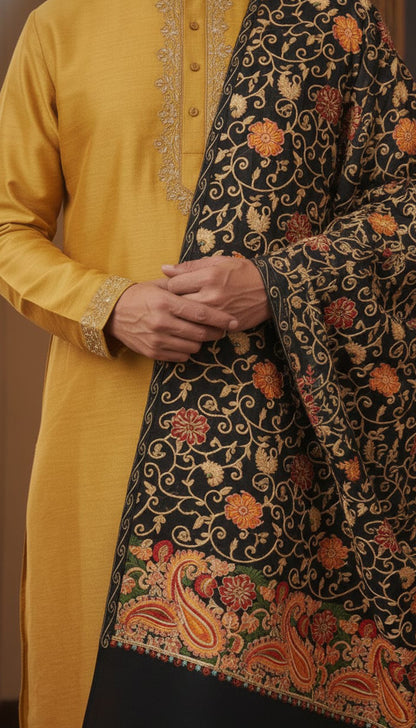 Black Aari Stole – Hand-Embroidered Kashmiri Piece | 1 piece Available