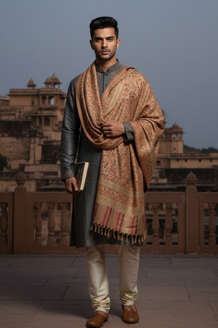 Beige & Red Kani Kat Zari Shawl – Regal Festive & Wedding Wear