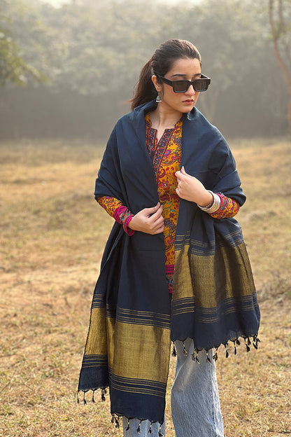 Blue Jam Khambadiya Shawl – Traditional Handwoven Winter Shawl