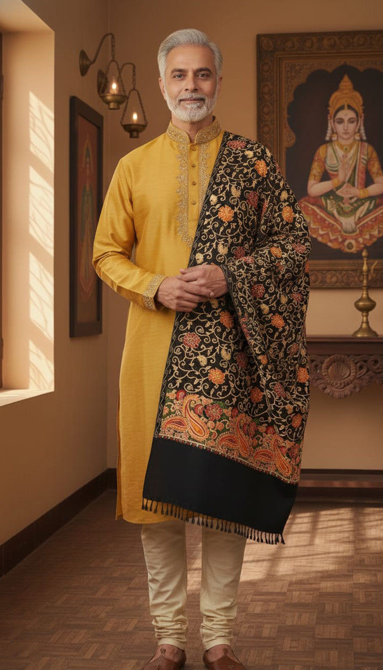 Black Aari Stole – Hand-Embroidered Kashmiri Piece | 1 piece Available
