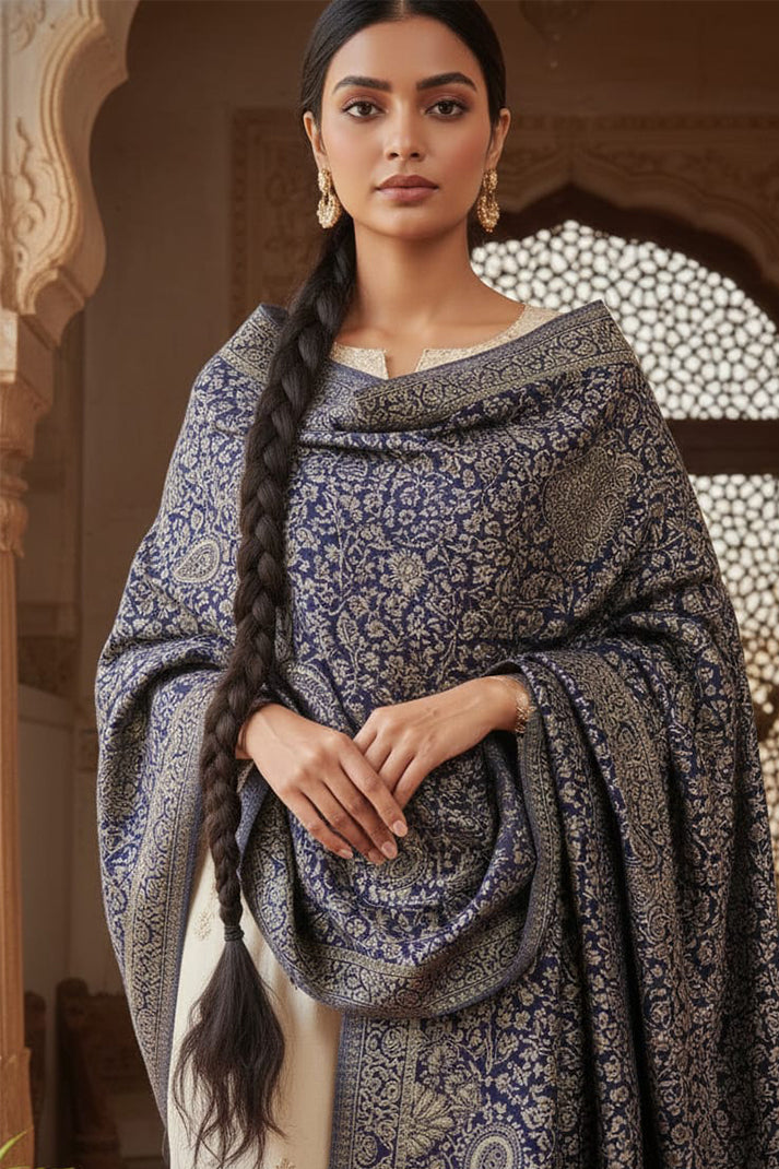 Navy Blue Zari Shawl – Elegant Ethnic Wrap