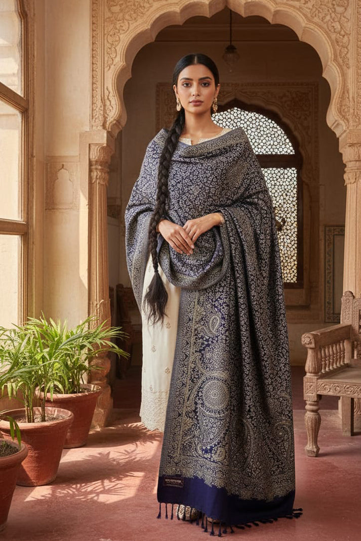 Navy Blue Zari Shawl – Elegant Ethnic Wrap