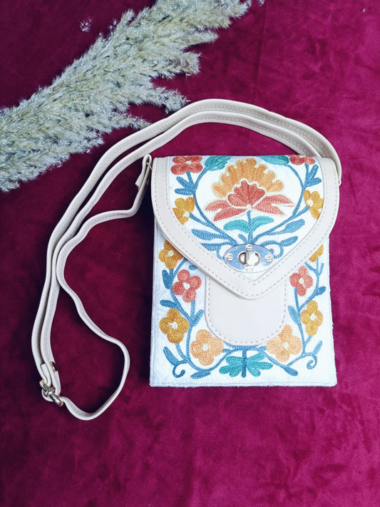 Hand Embroidered Chirpy Bloom Mobile cum Wallet Sling