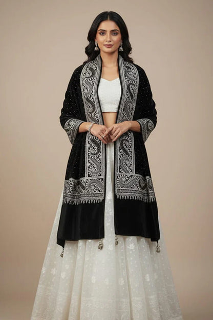 Black Velvet Stole – Handcrafted Silk Thread Embroidery with Swarovski Accents