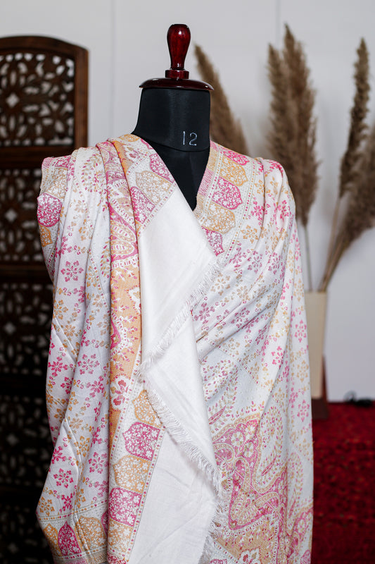 Winter Glow: Hand-Woven Zari Stole in Pink, Gold – Pashmina Blend Elegance