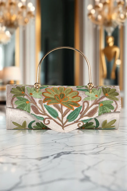 Metal Sling Bag & Duffel Bag Combo – Hand-Embroidered Floral Design with Metal Accents