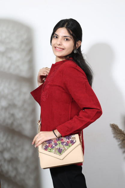 Weaving Mystery Hand-Embroidered Sling Bag & Self Zari Shawl Combo – Intricate Handcraft & Stunning Zari Design