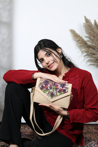 Weaving Mystery Hand-Embroidered Sling Bag & Self Zari Shawl Combo – Intricate Handcraft & Stunning Zari Design