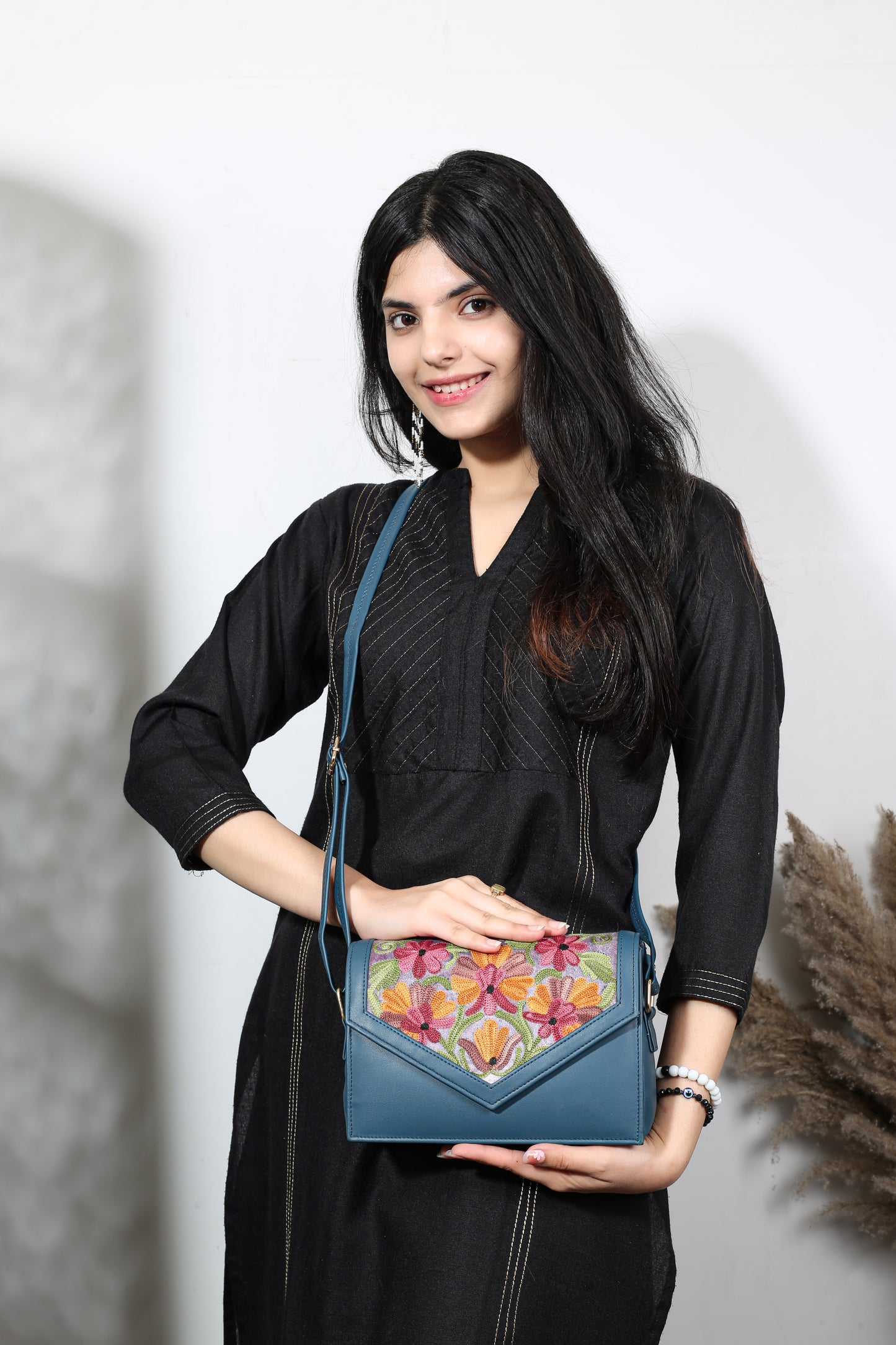 Hand Embroidered Sling Bag & Self Zari Shawl Combo - Stylish & Elegant Set for Every Occasion