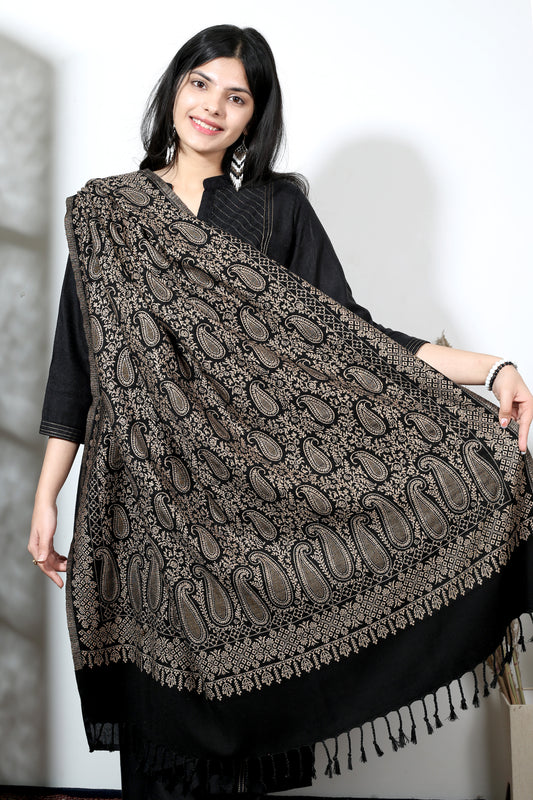 Black Kashmiri Zari Elegance Hand Woven Pashmina Shawl