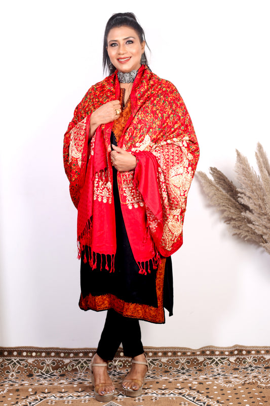 Regal Bridal Shawl, Hand-Embroidered Red Kashmiri Shawl Pashmina premium wool – A Perfect Wedding Elegance