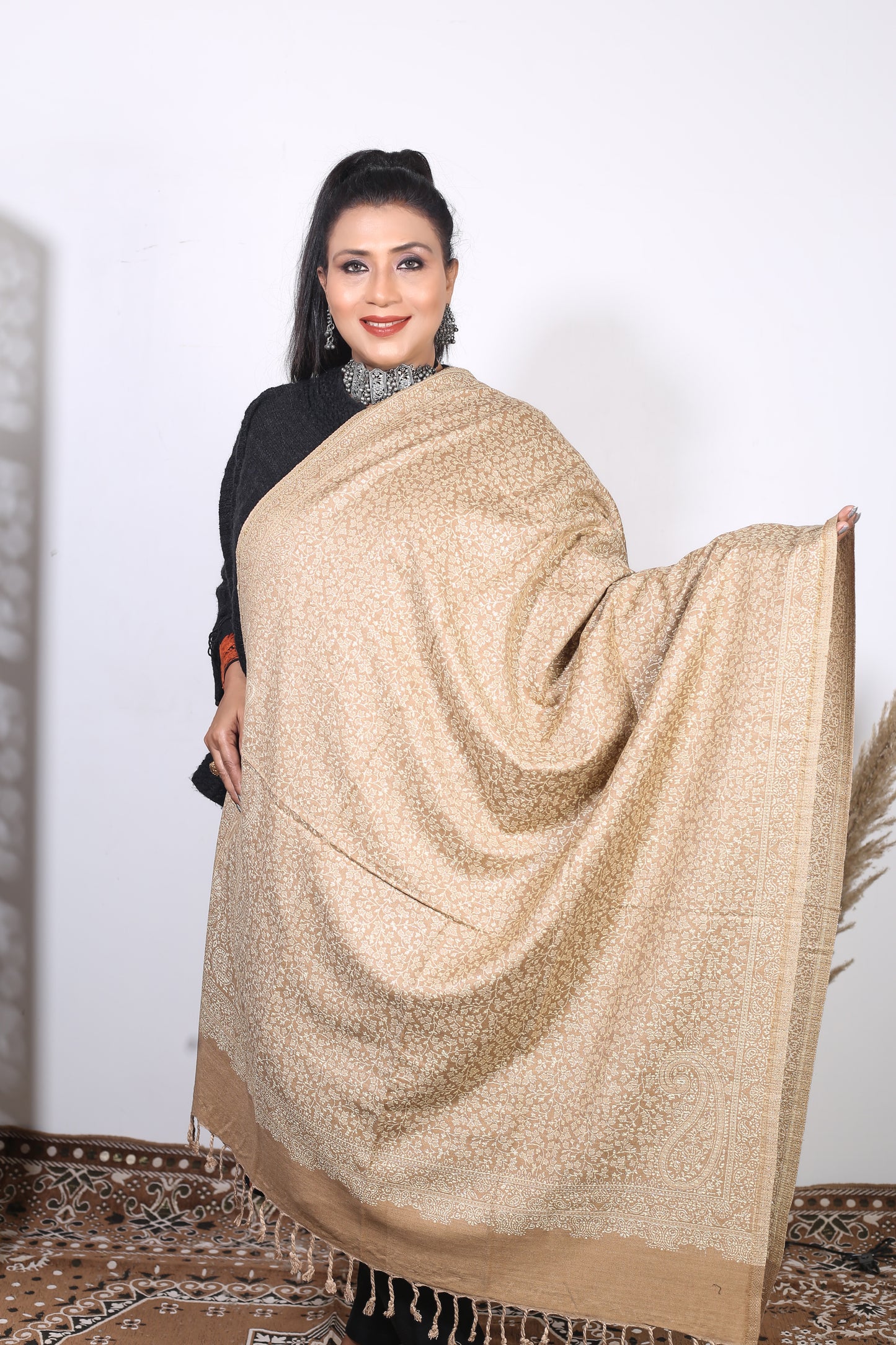 Self Zari Shawl – Soft Pashmina with Beautiful Self Zari & Hand Embroidered Details