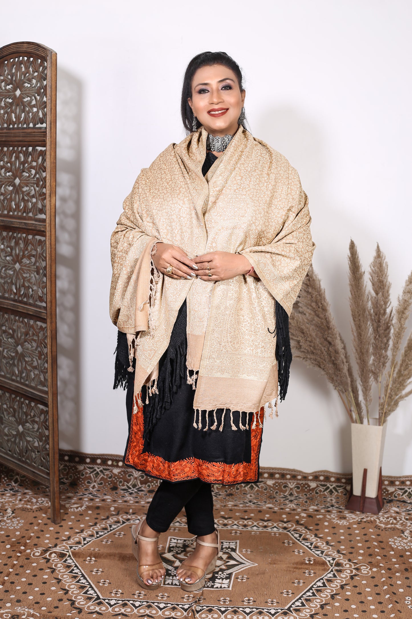 Self Zari Shawl – Soft Pashmina with Beautiful Self Zari & Hand Embroidered Details