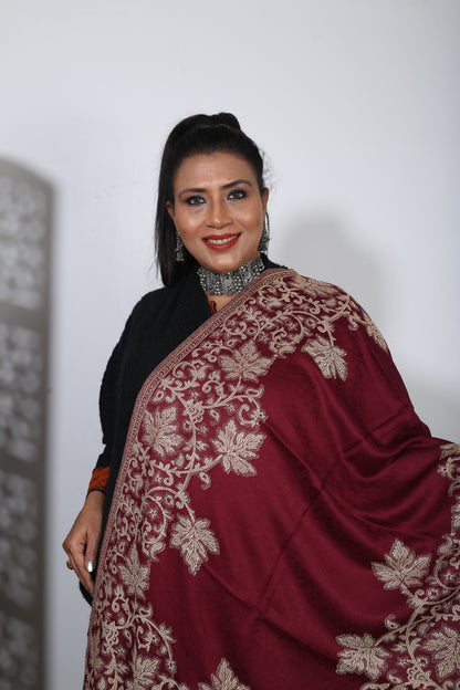 Elegant Maroon Eska Stole – Handcrafted Silk Shawl with Fine Zari Thread Work