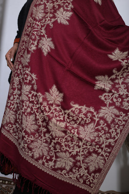 Elegant Maroon Eska Stole – Handcrafted Silk Shawl with Fine Zari Thread Work