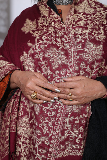 Elegant Maroon Eska Stole – Handcrafted Silk Shawl with Fine Zari Thread Work