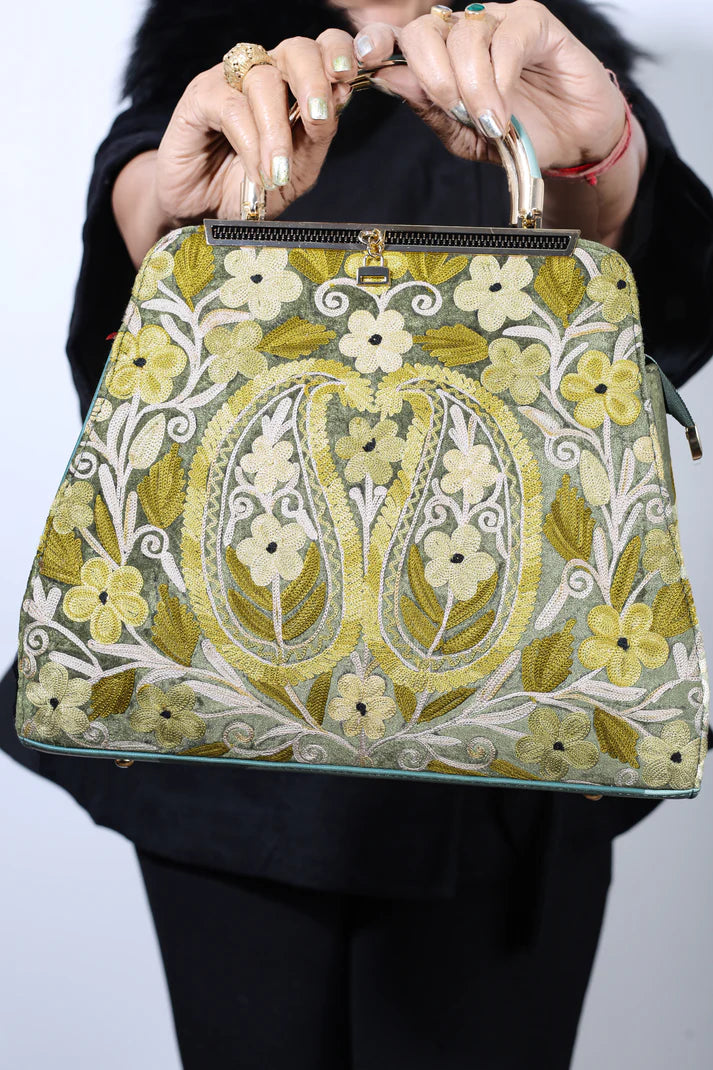 Pissta green Zari Pashmina-Blended Shawl & Hand-Embroidered Luxury Handbag Set | New Year Combo Offer