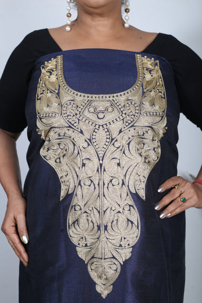 Women's Unstitched Winter Woollen Pashmina Suit Material in  Navy Blue Zari.