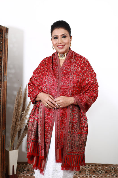 Handmade Red Kashmiri Chinar Shawl – Exquisite Wool Wrap with Traditional Artistry – Soft, Warm & Stylish – Heritage Fashion & Perfect Gift for Women