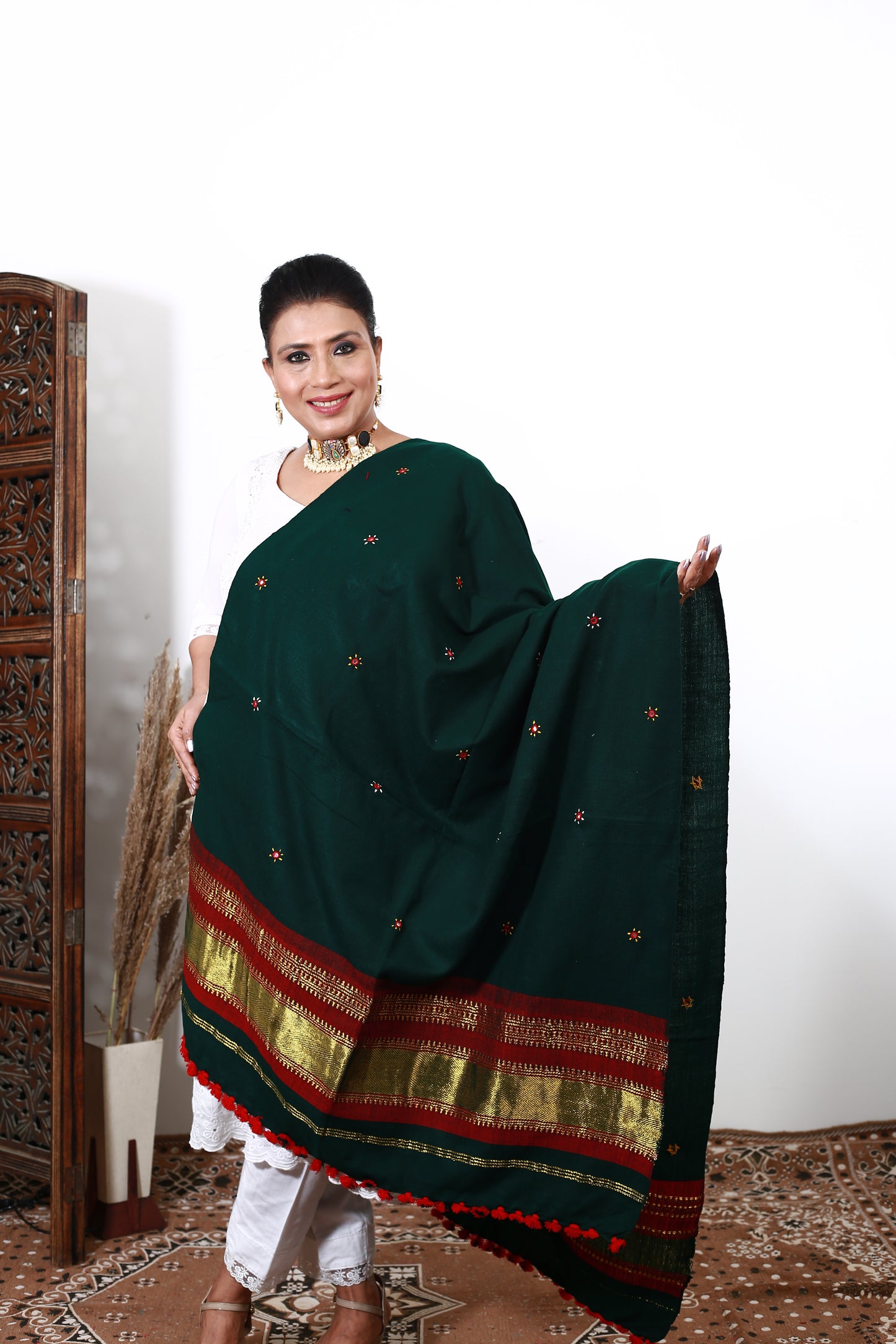 Weaving Mystery Green Golden Handwoven Kutch Shawl | Authentic Craftsmanship: Handwoven with precision, showcasing traditional Kutchi designs  (UNISEX)