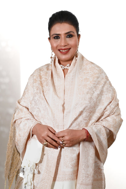 Self Zari Shawl White – Elegant Kashmiri Pashmina with Fine Hand Embroidery