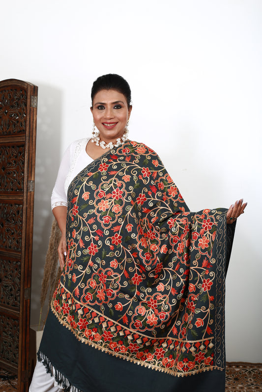 Authentic Kashmiri Gray Aari Embroidered Shawl – Handwoven Wool Wrap – Soft, Warm & Lightweight – Timeless Ethnic Scarf for Women