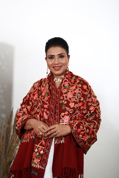 Handmade Aari Embroidery Shawl – Premium Kashmiri Wool Wrap – Soft, Warm & Luxurious – Intricate Floral Art – Timeless Ethnic Elegance