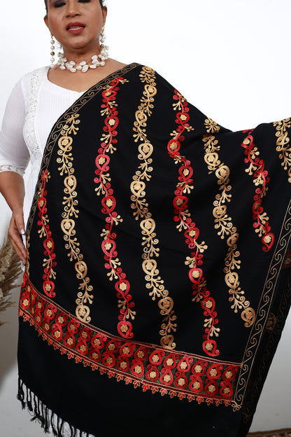 Black Aari Shawl – Handcrafted Kashmiri Stole with Intricate Aari Embroidery